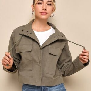 Lulus Impressive Trend Olive Green Twill Cropped Utility Jacket - Size XS